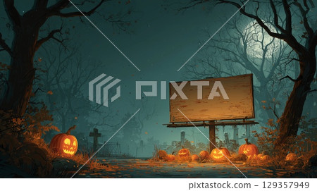 Macabre Halloween atmosphere with candlelit gourds and a stark, text-ready banner for personalization 129357949