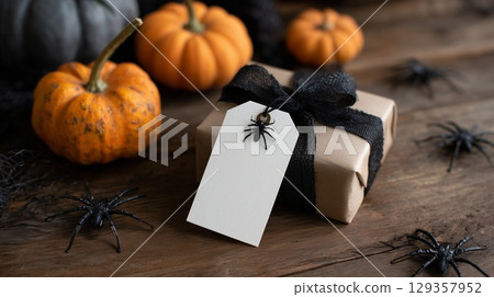 Gift box with blank tag for Halloween with pumpkins and spiders 129357952