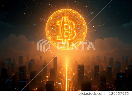 Glowing Bitcoin sign over cityscape 129357975