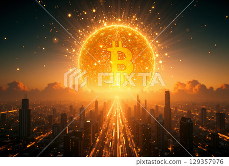 Glowing Bitcoin sign over cityscape 129357976