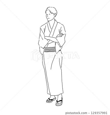 一位身穿浴衣、雙臂交叉站立的男子的線條畫 129357991