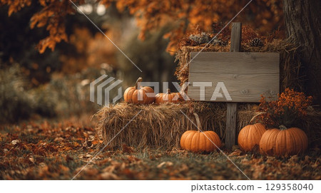 Cozy harvest scene with gourds, straw bundles, and a blank placard ready for personalization 129358040