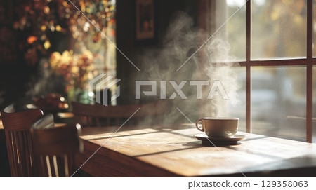 The warmth of freshly brewed coffee mingling with the golden hues of fall 129358063