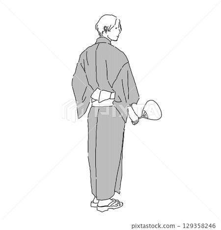 一位身穿浴衣、手持扇子的男子的線條畫 129358246