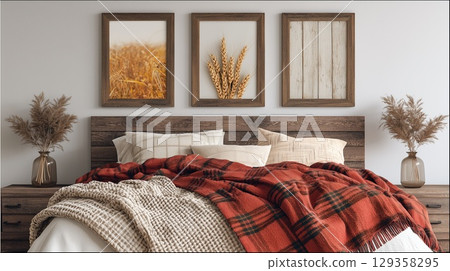 Warm and inviting decor featuring autumn inspired artwork 129358295