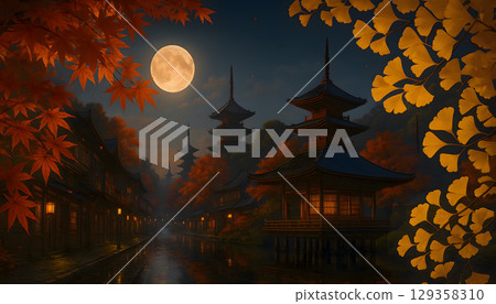 A Japanese-style night view of the autumn full moon and the five-story pagoda 129358310