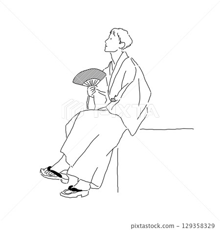 A line drawing of a man wearing a yukata and sitting with a fan 129358329