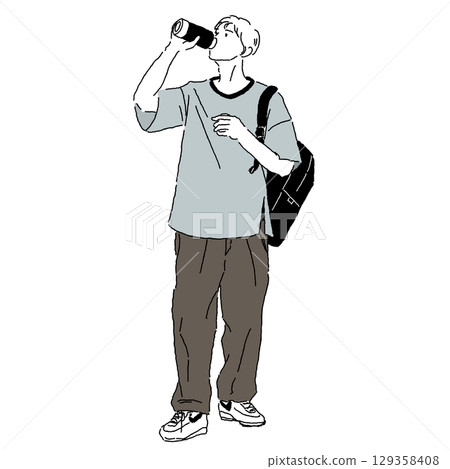 一位年輕男子從健身房回來,用水瓶喝大麥茶的插圖(彩色版) 一位年輕男子從健身房回來,用水瓶喝大麥茶的插圖(彩色版) 129358408