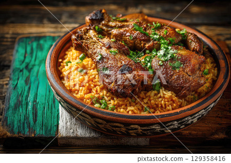 Jollof rice and suya in a clay bowl on a wooden background painted in the style of the Nigerian flag. Traditional African Nigerian dish 129358416
