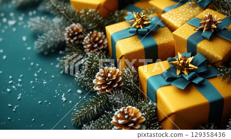 Craft yellow gift box glitter, red ball holiday background, copy space, banner Christmas, New Year Craft yellow gift box glitter, red ball holiday background, copy space, banner Christmas, New Year 129358436