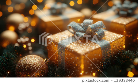 Craft yellow gift box glitter, red ball holiday background, copy space, banner Christmas, New Year 129358440