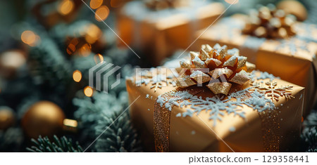 Craft yellow gift box glitter, red ball holiday background, copy space, banner Christmas, New Year 129358441