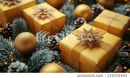 Craft yellow gift box glitter, red ball holiday background, copy space, banner Christmas, New Year Craft yellow gift box glitter, red ball holiday background, copy space, banner Christmas, New Year 129358449