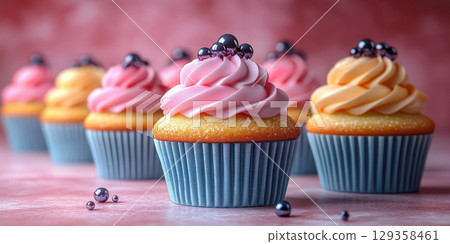 Colorful festive cupcakes in row. Holiday concept. 3D illustration, rendering, banner, copy space 129358461