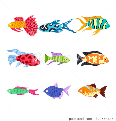 decorative fish set cartoon vector illustration 129358487