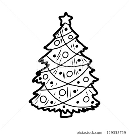 Christmas tree decoration with star and baubles coloring page for kids 129358739