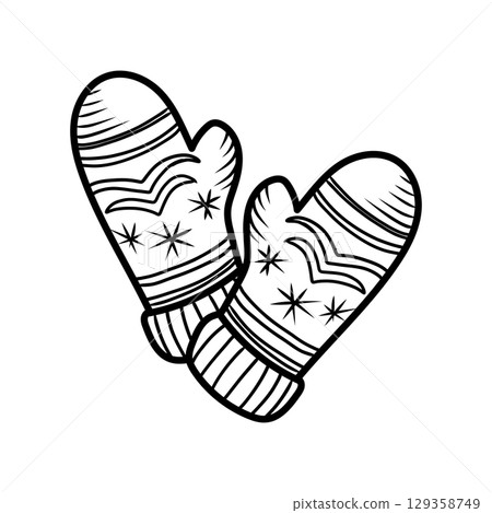 Pair of knitted mittens with snowflake pattern keeping hands warm Pair of knitted mittens with snowflake pattern keeping hands warm 129358749