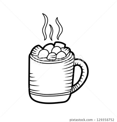 Steaming mug filled with hot chocolate and marshmallows 129358752