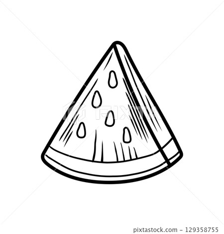 Drawing of a single slice of refreshing watermelon showing seeds and rind 129358755