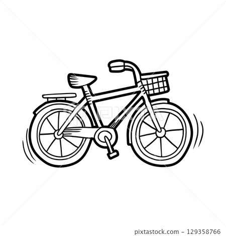 Bicycle moving forward with basket and mudguards cartoon illustration 129358766