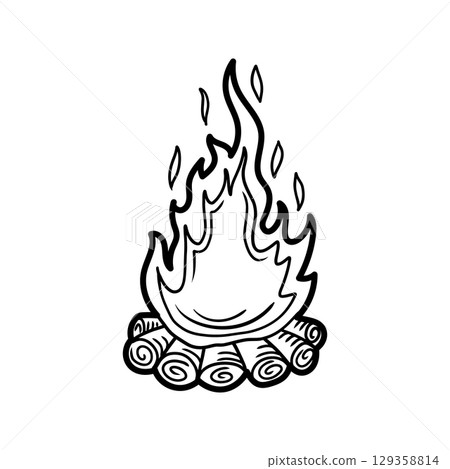 Burning bonfire with logs embracing the flames in hand drawn style Burning bonfire with logs embracing the flames in hand drawn style 129358814