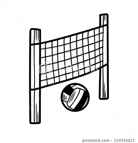 Volleyball ball flying over net during beach volleyball match 129358823