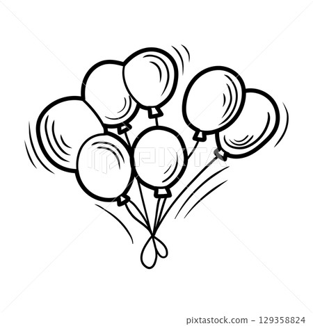 Bunch of seven floating balloons celebrating a party with hand drawn style 129358824