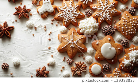 Festive Christmas gingerbread cookies in various shapes with icing, surrounded by pinecones, spices, and candy on textured white surface. Festive Christmas gingerbread cookies in various shapes with icing, surrounded by pinecones, spices, and candy on textured white surface. 129358853