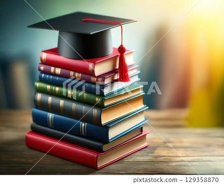 Pile of multicolored books with classic black mortarboard cap placed on wooden table 129358870