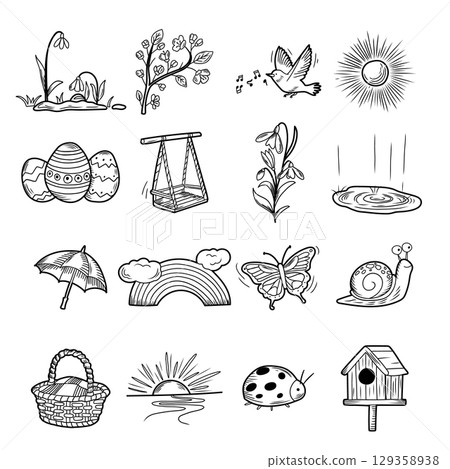 Spring icons representing renewal, nature, and easter festivities Spring icons representing renewal, nature, and easter festivities 129358938