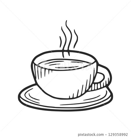 Steaming cup of coffee or tea on saucer, hand drawn illustration 129358992