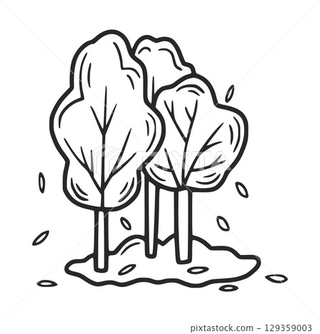 Three trees standing on a patch of dirt losing their leaves in autumn, hand drawn illustration 129359003