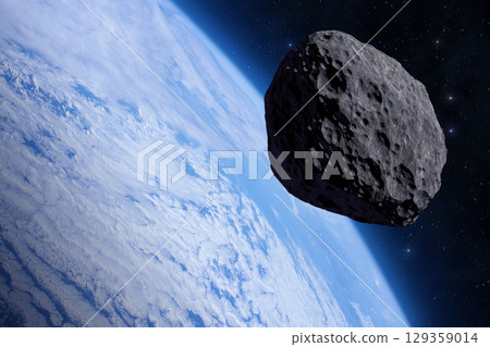 Blue Earth and big asteroid in outer space. Blue Earth and big asteroid in outer space. 129359014