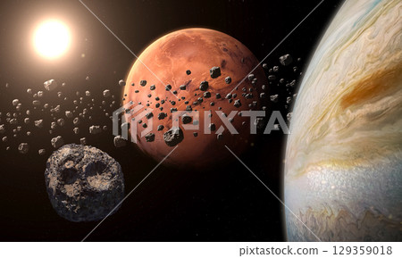 Jupiter Mars asteroid Psyche and Sun. 129359018