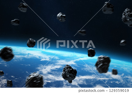 Planet Earth and asteroids. Space scene. 129359019