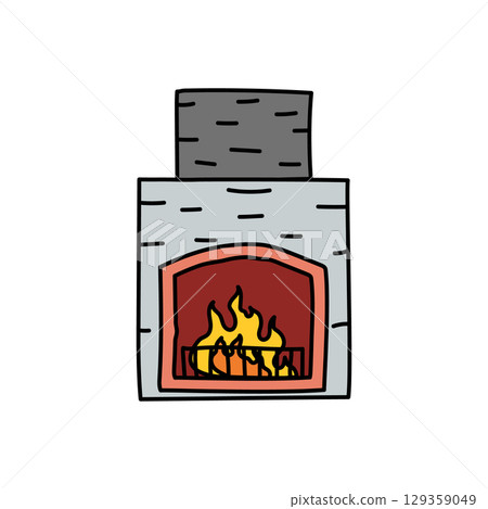 Burning fireplace providing warmth and comfort in hand drawn style 129359049