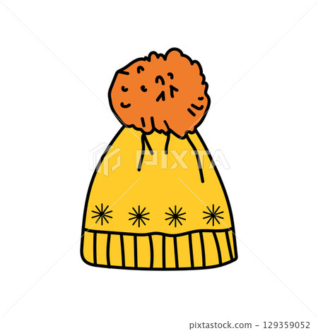 Yellow winter beanie with orange pompom and snowflakes decoration 129359052