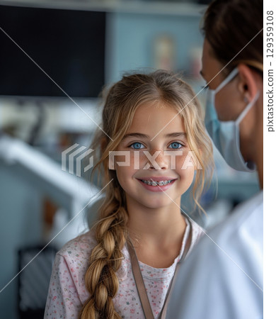 Little girl is smiling while sitting in dental chair, having an examination at dentist, prevention, treatment, braces, bite. Medical care. Little girl is smiling while sitting in dental chair, having an examination at dentist, prevention, treatment, braces, bite. Medical care. 129359108