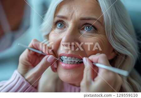 Dentist examines and adjusts braces during orthodontic treatment of old patient, close-up of woman's mouth in equipped dental office 129359110
