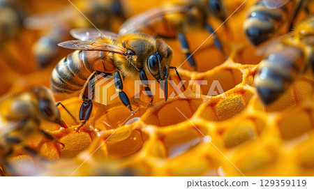 Macro image of a bee on golden honeycomb, collecting nectar and producing honey in a vibrant hive. Macro image of a bee on golden honeycomb, collecting nectar and producing honey in a vibrant hive. 129359119