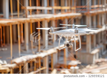 Unmanned Aircraft System (UAV) Quadcopter Drone In The Air Over Construction Site. Technology development concept. 129359121