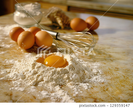 Flour and egg with whisk on kitchen table for baking 129359147