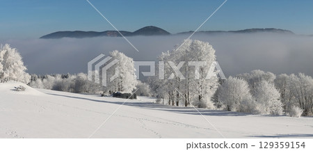 Winter landscape with inverse fog and the Crow Mountains 129359154