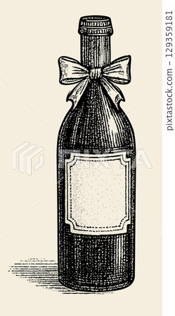 Wine bottle with ribbon. Vector vintage monochrome illustration. Engraving style 129359181