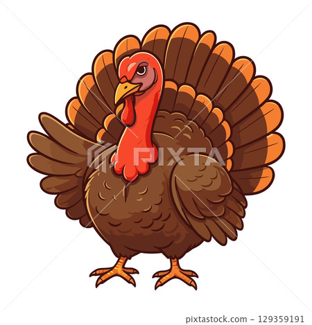 Cute Cartoon Turkey Waving Hand Vector Illustration, Happy Thanksgiving Bird Character, Festive Autumn Animal Clipart, Holiday Design 129359191