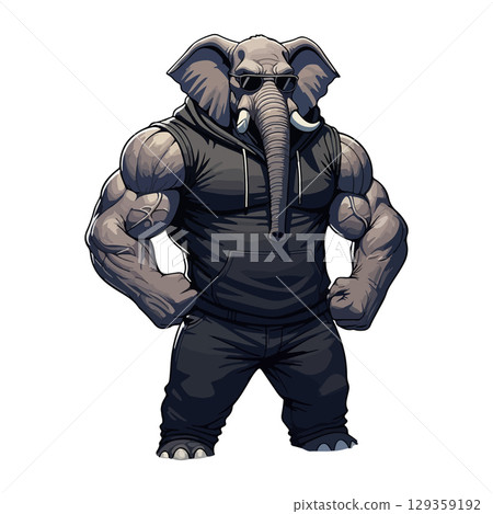Cool Muscular Elephant in Hoodie Clipart Strong Cartoon Animal Character with Sunglasses for Mascots, Logos, Stickers, Apparel & Digital Artwork 129359192