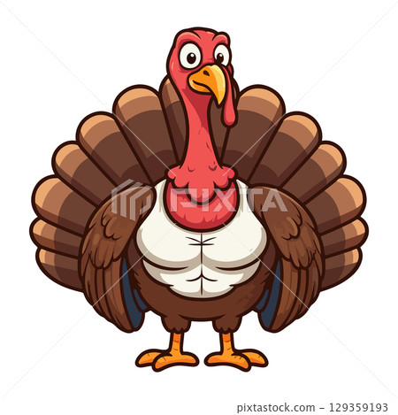 Cute Funny Cartoon Turkey Mascot Illustration Waving Hand, Thanksgiving Bird Character with Muscular Chest, Holiday Clipart Design 129359193