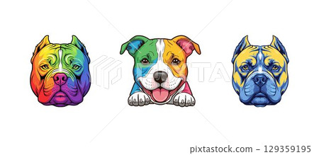 Colorful vector illustrations of bulldogs mix with rainbow colors, cartoon funny dog pet face artwork 129359195