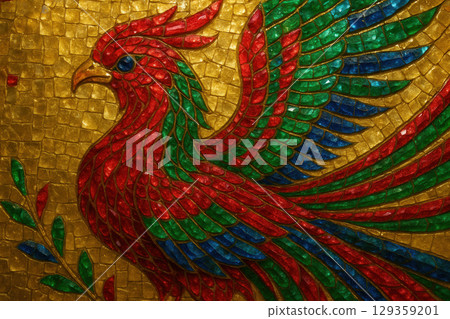 An intricate and colorful mosaic of a mythical phoenix is masterfully crafted from radiant red, green, and blue gemstones set against a shimmering gold tile background 129359201