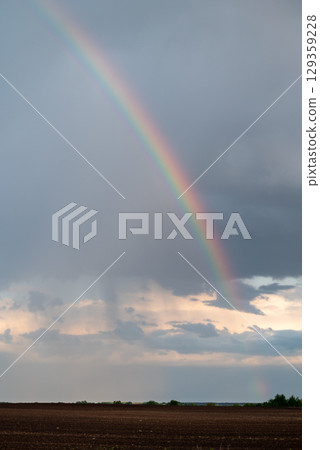 Vertical shot of rainbow over agricultural field. Bright colourful sky after the rain with rainbow Vertical shot of rainbow over agricultural field. Bright colourful sky after the rain with rainbow 129359228